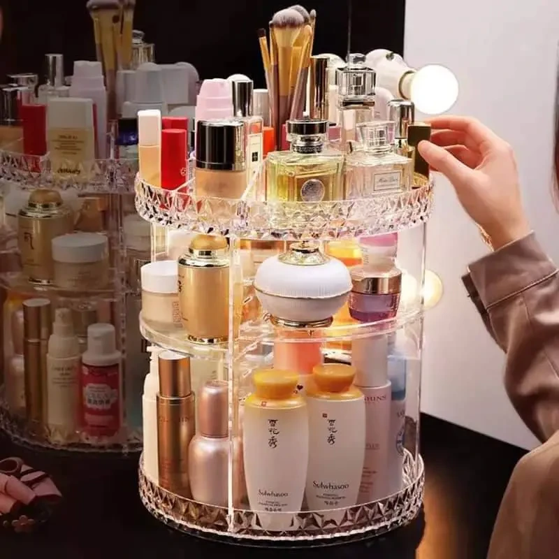 360° Rotating Crystal Cosmetic Organizer – Makeup Storage Box for Dressing Table in BD