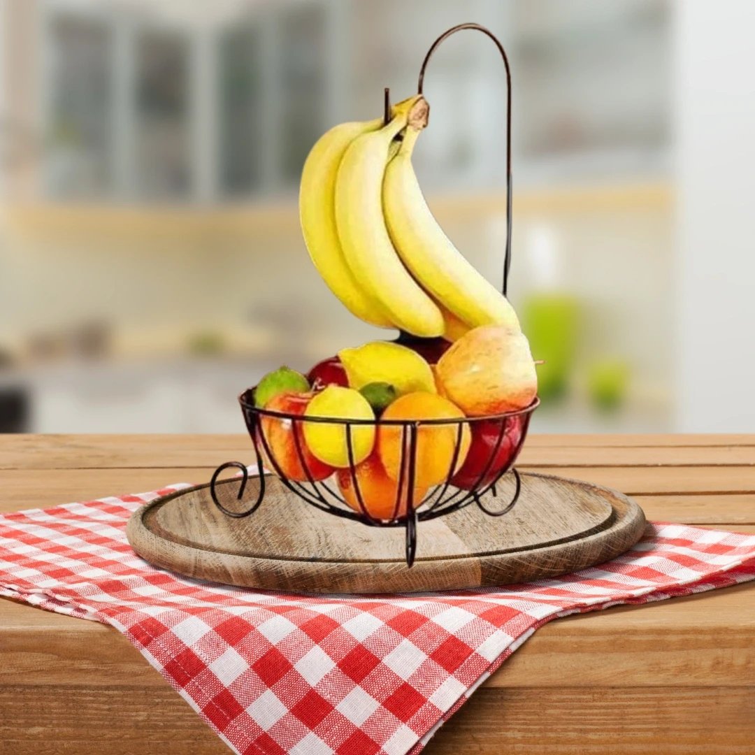 2-Tier Fruit Basket with Banana Hanger Hook – Stylish Countertop Kitchen Organizer in Bangladesh